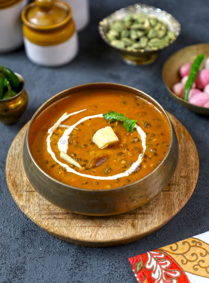 side top shot of dal makhani in a traditional Indian bowl